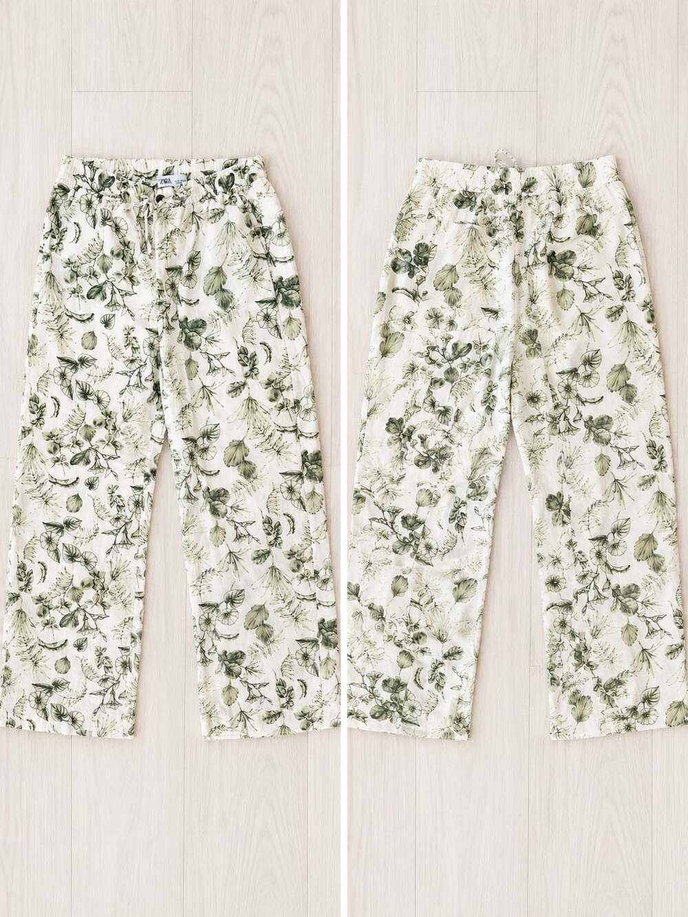 ZARA Floral Print High Waist Drawstring Wide Leg Pants Ecru Green